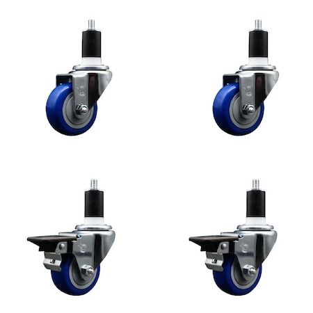 Service Caster 3'' Blue Poly Wheel Swivel 1-1/2'' Expanding Stem Caster Set 2 Brakes, 4PK SCC-EX20S314-PPUB-BLUE-2-PLB-2-112